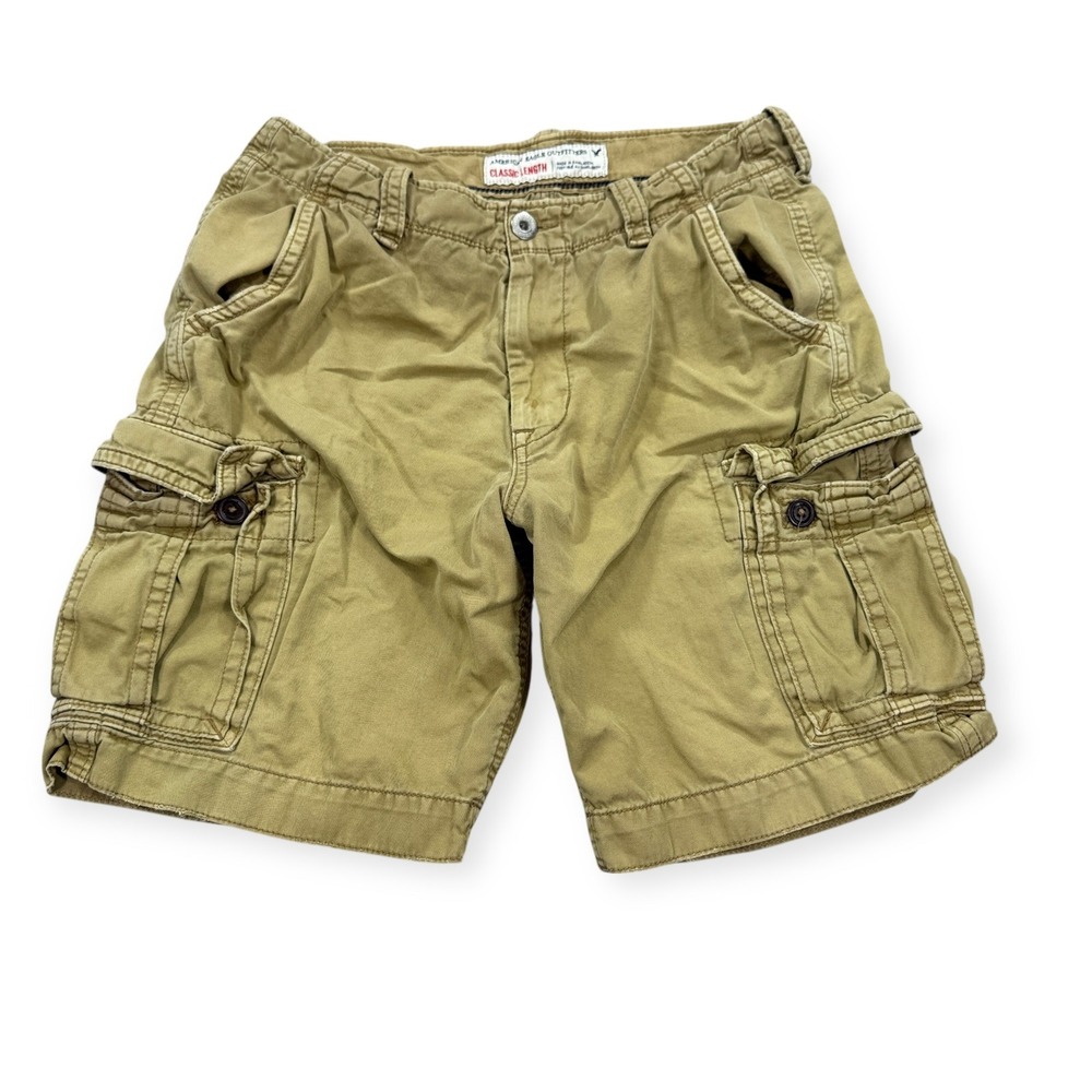 Y2K American Eagle Cargo Shorts Men's 33 Tan Khaki Relaxed Fit Baggy Utility